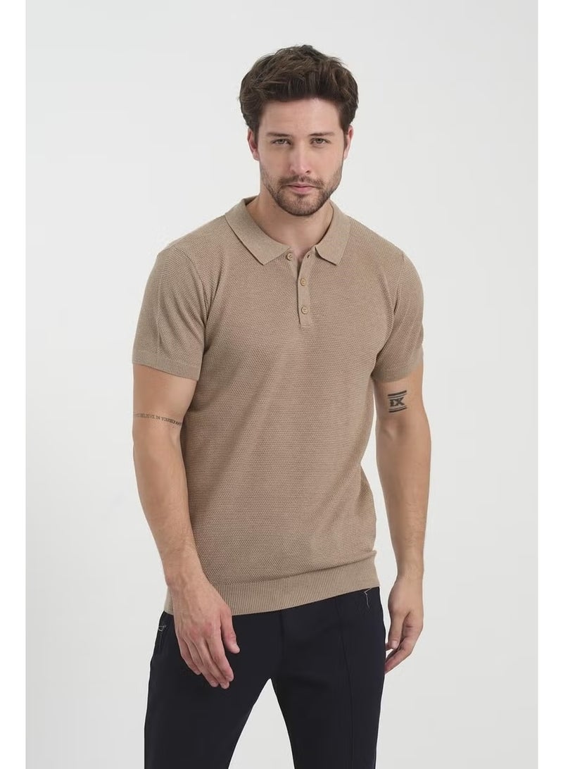 Odelon Men's Polo Neck Jacquard Knitwear T-Shirt Beige - Image 1